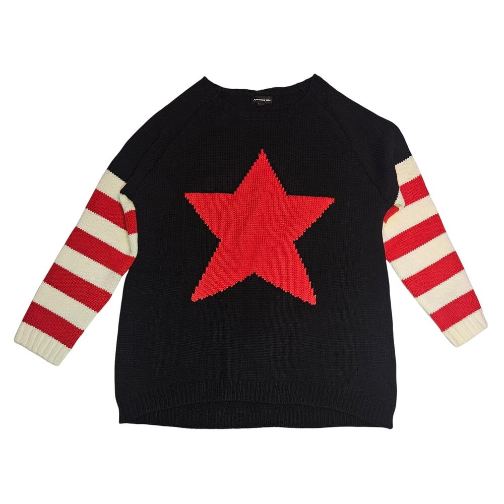 Andante USA Red Star Knit Sweater Womens L Black Stripe Sleeve 4th of July Y2K